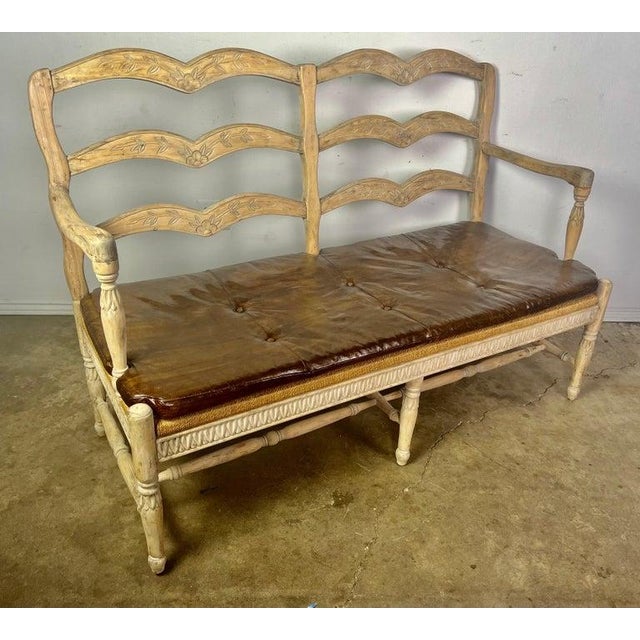 French Provincial Style Bench W/ Rush Seat & Leather Cushion For Sale In Los Angeles - Image 6 of 16