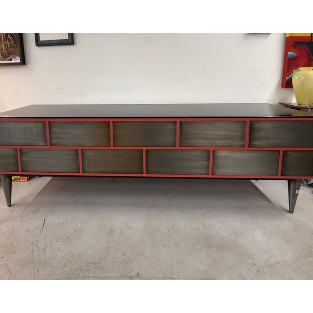 1990s Custom 11 Drawer Credenza in Red with Brushed Steel Doors and Black Glass Top For Sale - Image 10 of 17