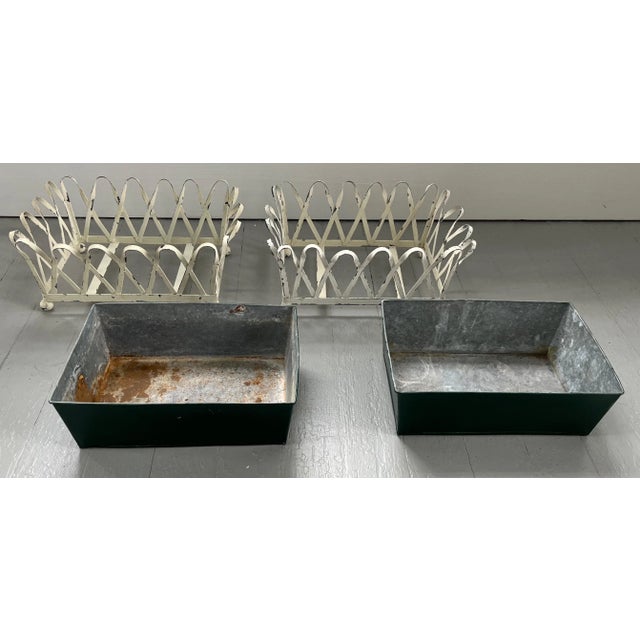 1930's White Painted Zinc Cachepot Planters or Jardinieres With Green Tole Liners on Ball Feet - a Pair For Sale In New York - Image 6 of 13