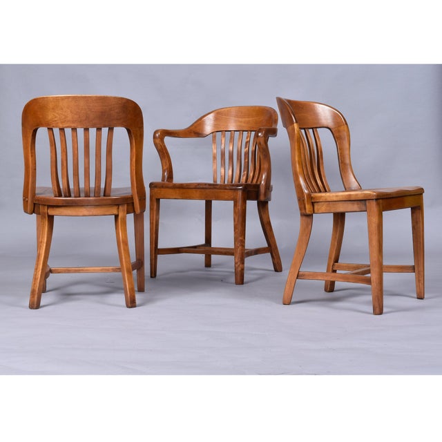 Group of 3 Solid Wood Bankers or Library Chairs Early 20th Century For Sale - Image 10 of 16