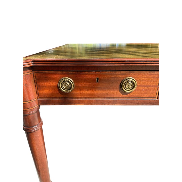 Wood Vintage Baker Furniture Mahogany & Tooled Leather Partner's Writing Desk – "Crown & Tulip" Era For Sale - Image 7 of 12