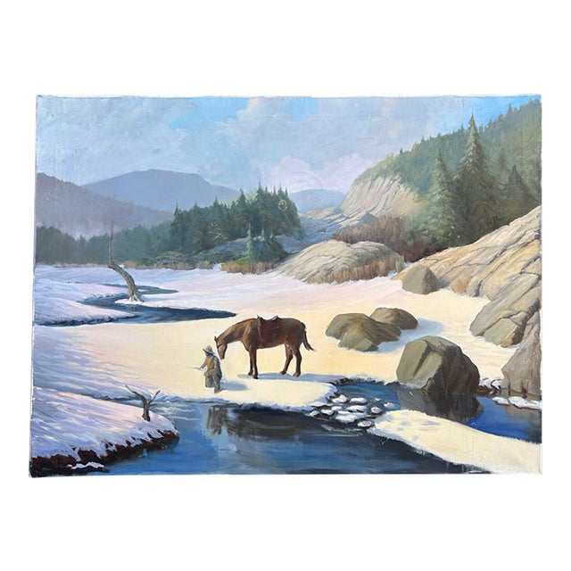 Vintage Oil Painting of a Man and Horse in Snowy Rocky Mountain Landscape For Sale