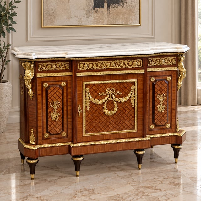 Elevate your home with this magnificent French Louis XVI-inspired sideboard, masterfully crafted from fine wood and...