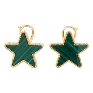 Green Malachite Star Galaxy Celestial Constellation Zodiac Yellow Gold Earrings, A Pair For Sale