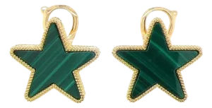 Green Malachite Star Galaxy Celestial Constellation Zodiac Yellow Gold Earrings, A Pair