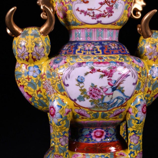 Chinese Chinese Yellow Ground Famille Rose Porcelain Zun Vase With Bull Handles For Sale - Image 3 of 9
