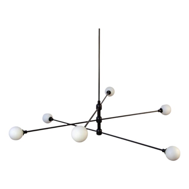 Three Tier Chandelier, Black, 33.5in H, 3 Inch Glass Globes, by Research.Lighting, Modern, Minimal Hanging Light For Sale