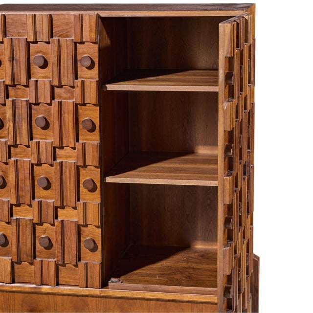 Wood Paul Evans Style Mid Century Canadian Brutalist Walnut Pedestal Armoire Highboy Dresser For Sale - Image 7 of 8