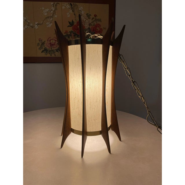 Mid-Century Modern Teak & Brass Swag Pendant Lamp in the Style of Adrian Pearsall For Sale - Image 10 of 13