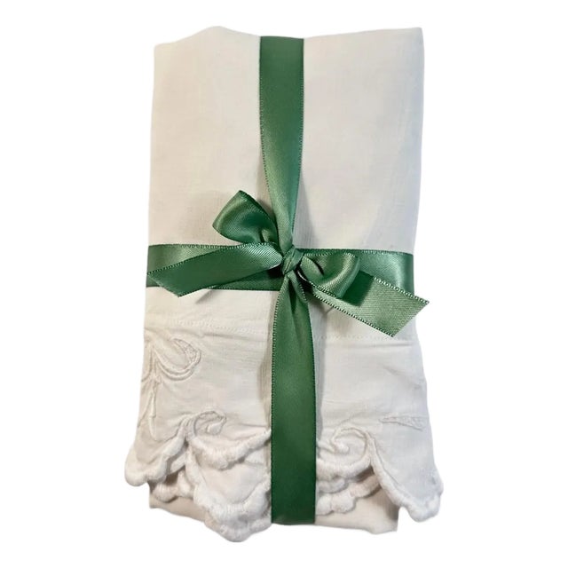 Fine French Antique Linen Pillowcase, Hand Embroidered MG Monogram & Scalloped Edge, France circa 1900 For Sale