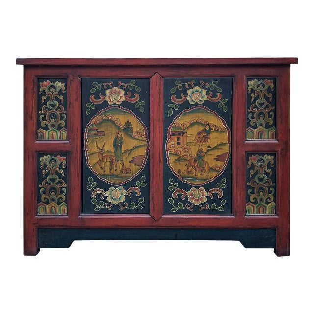 Chinese Red Tibetan Elephant Deer Sideboard Console Table Cabinet For Sale