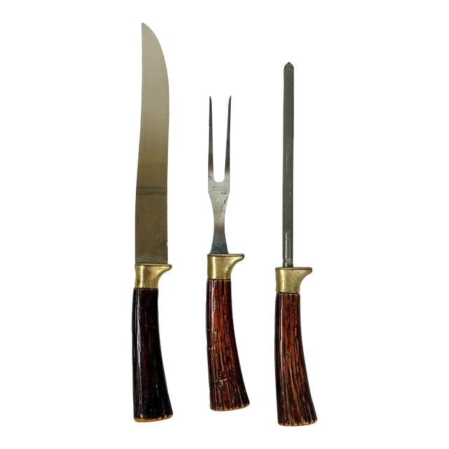 1950s Vintage Sheffield English Rustic European Faux Stag Horn Cutlery - Set of 3 For Sale