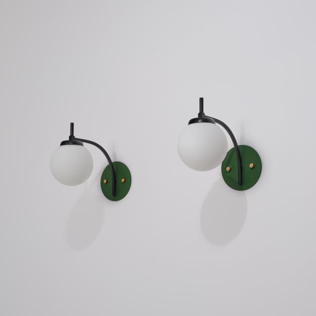 1950s Italian Curved Wall Sconces with Opaline Globes and Green Backplates, 1950s, Set of 2 For Sale - Image 5 of 11