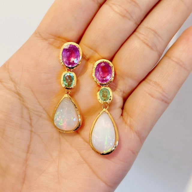 White BOCHIC "Capri" Vintage Pink Sapphire, Emerald & Ethiopian Opal 18K Gold & Silver For Sale - Image 8 of 18