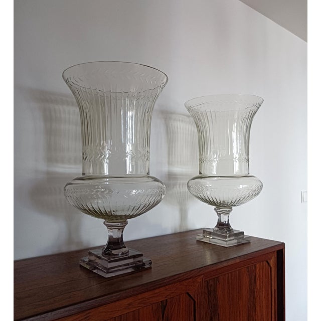 Large Antique French Belle Epoque Glass Crater Amphora Vases in the style of Baccarat, 1900s, Set of 2 For Sale - Image 13 of 14