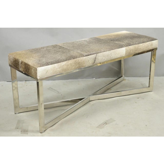Contemporary Modern Leather Cowhide Upholstered Silver Chrome Metal X-Frame Stretcher Base Bench. Circa 21st Century, Pre-...