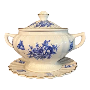 Blue and White Ceramic Soup Tureen With Lid and Dish