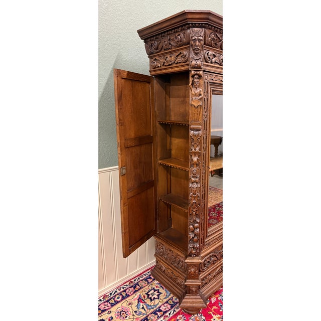 Antique French Renaissance Revival Bookcase Cabinet Side Doors Oak C. 1880s For Sale - Image 9 of 18