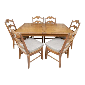 Late 20th Century Vintage Pine Rectangular Farmhouse Extension Dining Set of 7