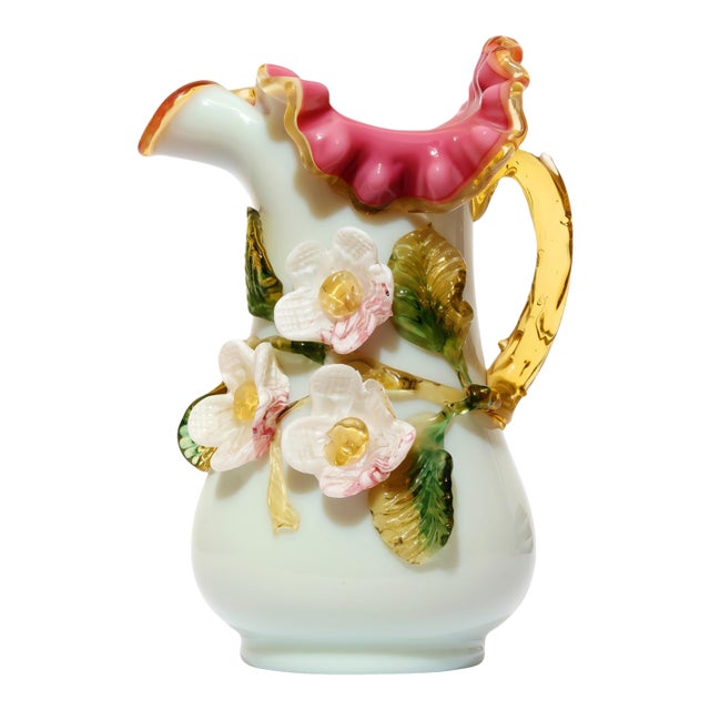 Victorian-Style Celadon Porcelain Pitcher With Applied 3d Flowers, Cranberry Ruffled Rim & Gold Handle For Sale