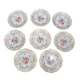 Dresden Carl Schumann Bavaria Chateau Floral 6 1/4" Pierced Bread Plate Set of 8 For Sale