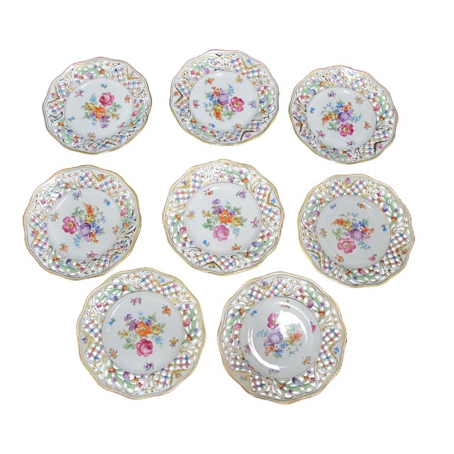 Early 20th Century Dresden Carl Schumann Bavaria Chateau Floral 6 1/4" Pierced Bread Plate Set of 8 For Sale