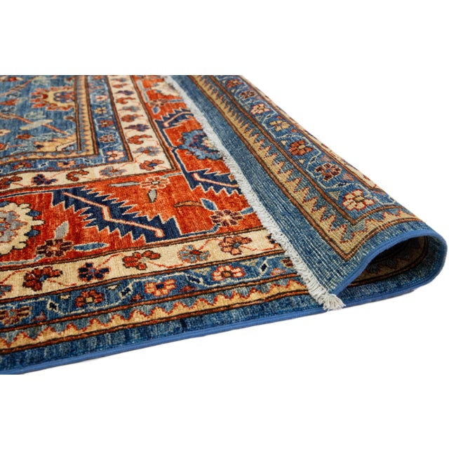 Floral Modern Serapi Style Wool Rug With Navy Blue Field For Sale In New York - Image 6 of 9