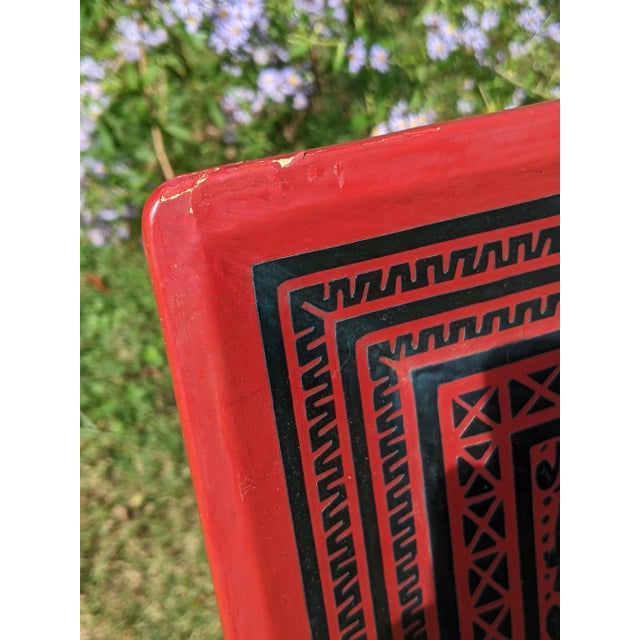 Vintage Chinese Black on Red Lacquer Serving Tray Platter With Etched Flora & Fauna For Sale - Image 12 of 12