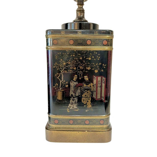 Metal Mid 20th Century Pair Frederick Cooper Style Black Chinoiserie English Tin Tea Caddy Lamps With Original Shades For Sale - Image 7 of 18