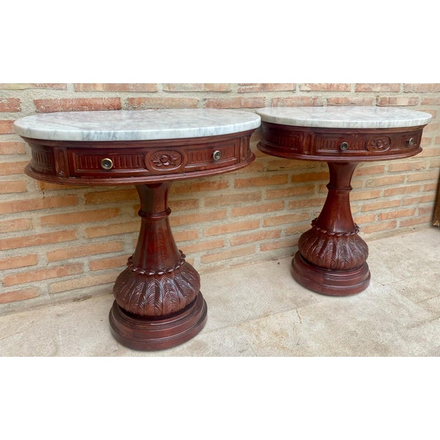 Carved Wood Demi Lune Nightstands with Marble Top, 1940, Set of 2 For Sale - Image 4 of 18