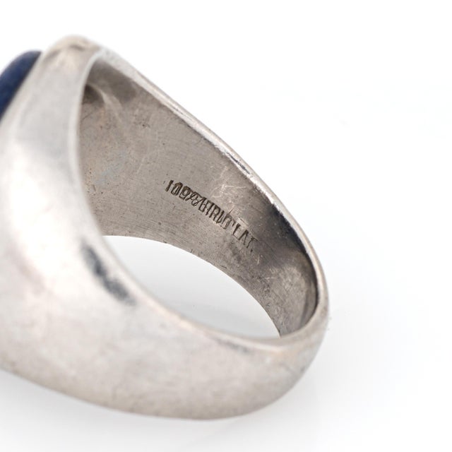 Metal Vintage Tiffany & Co Crest Ring Lapis Lazuli Platinum Sz 6 Mid Century Signet For Sale - Image 7 of 7