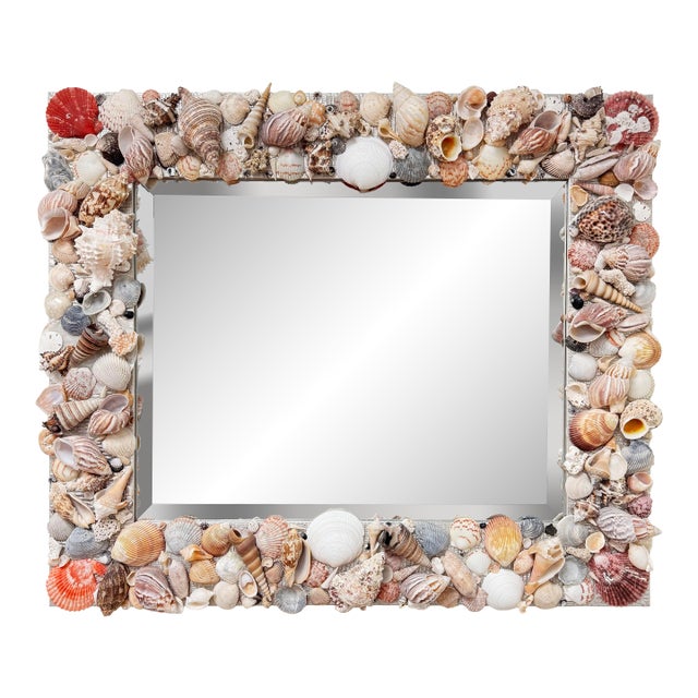 Vintage Large Shell Encrusted Frame Wall Mirror For Sale
