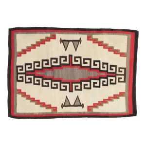 Early 20th Century Style of Native American Antique Navajo Carpet, Folk Rug, Handmade Wool, Ivory, Brown, Grey, Red
