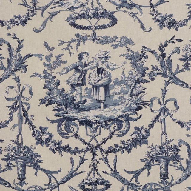 English Double Width Fragonard Toile Blue on Cream Fabric - Sample For Sale - Image 3 of 5