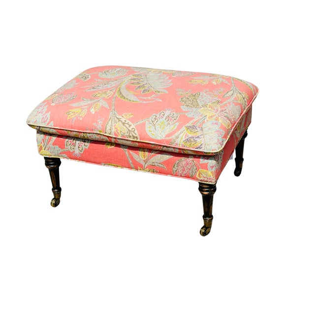 Red Custom Cr Laine Coral Botanical Cocktail Ottoman | Luxury Designer Upholstered Coffee Table Ottoman With Turned Wood Legs & Brass Casters For Sale - Image 8 of 11