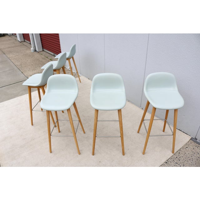 2020s Danish Iskos-Berlin for Muuto Blue Leather Fiber Bar Stools Wood Base - Set of 6 For Sale - Image 5 of 18