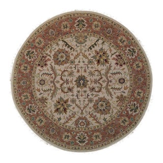 8' Round Ivory Hand-Knotted Wool Rosette Border Detail Traditional Carpet Rug For Sale