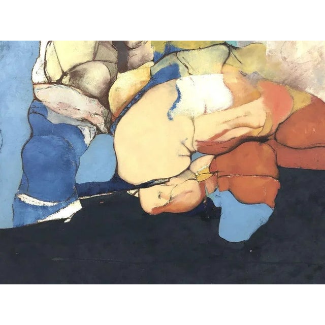 Bold color brace this canvas in cloud-like formations signed Stank. Sight image is 32" x 40".