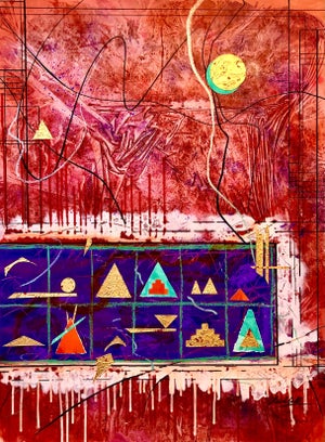 Sonja Kuhfahl, Acrylic Abstract Colorful Contemporary Gilt Collage Painting Gold Leaf Gilding, 1991