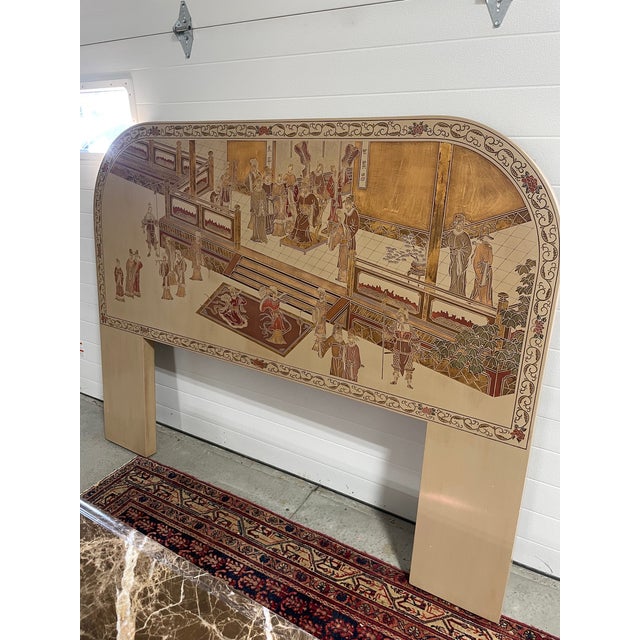 A stunning coromandel style king sized panel headboard - 77" wide x 60.5" high x 2.5" deep -- with a detailed palace scene...