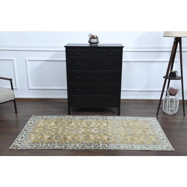 Boho Chic Vintage Turkish Oushak Handmade Wool Cotton Yellow Runner Rug For Sale - Image 3 of 11