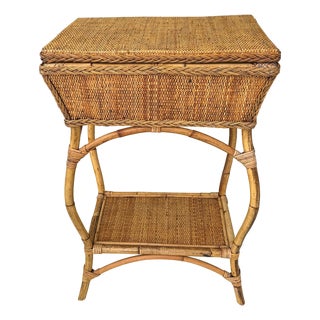 Vintage Bamboo and Rattan Sewing Basket Side Table With Lid - Organic Modern For Sale