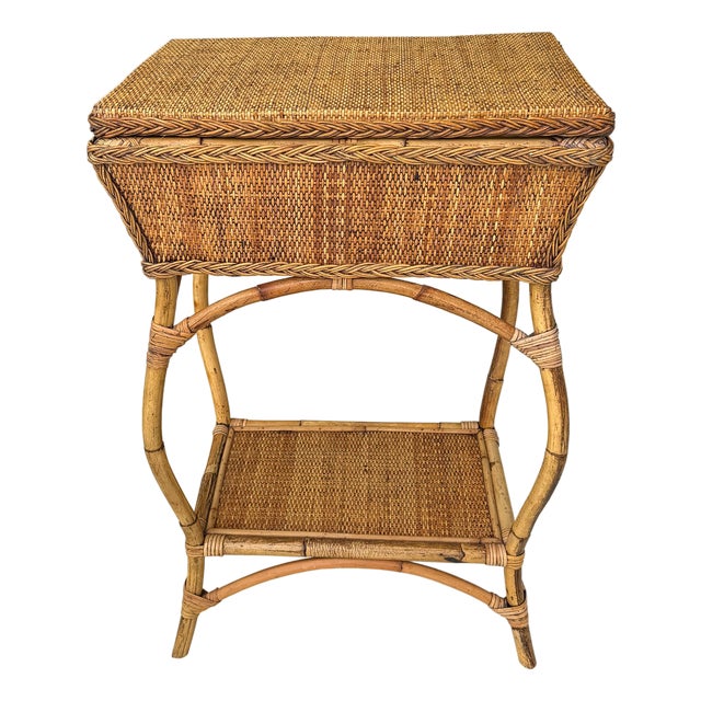 Vintage Bamboo and Rattan Sewing Basket Side Table With Lid - Organic Modern For Sale