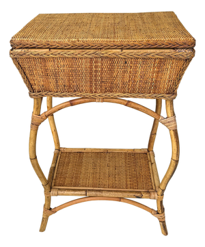 Vintage Bamboo and Rattan Sewing Basket Side Table With Lid - Organic Modern