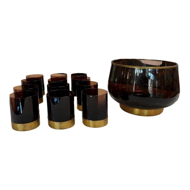 Italian Smoked Glass Bar Set With Ice Bucket and Tumblers, 1970s For Sale