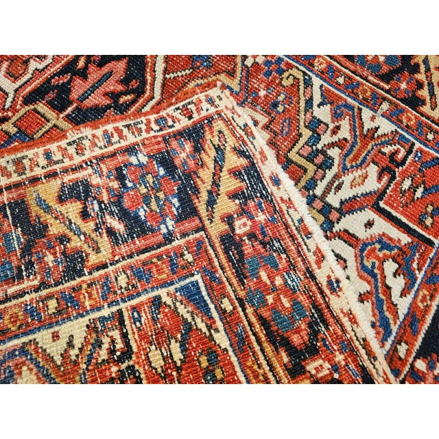 Textile Vintage Persian Heriz Serapi Rug, Hand-Knotted Wool, Geometric Pattern, Brick-Red & Ivory, 4x4 For Sale - Image 7 of 18