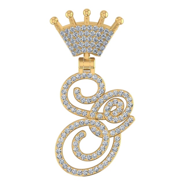 10K Yellow Gold Round Diamond Crown S Letter Initial Pendant 1/4 Cttw For Sale