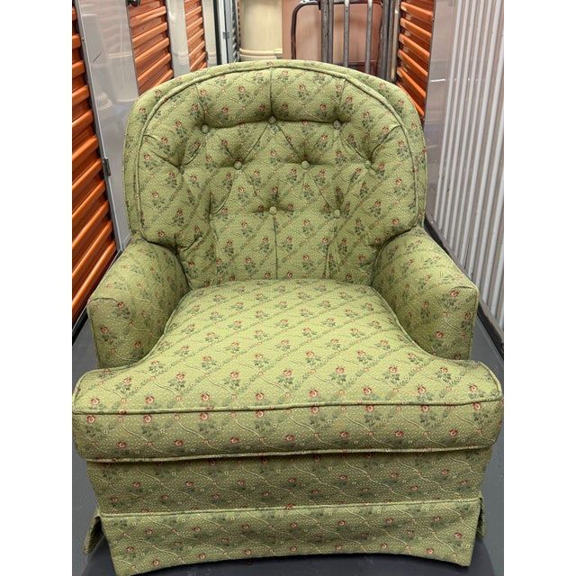 This beautiful Green Patterned Vintage Upholstered Accent Chair with Ottoman and Cushion is a stylish and comfortable...