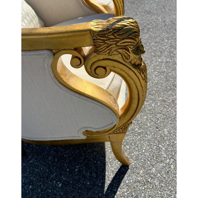 1950s Companion Pair Louis XVI Style Gold Gilt Upholstered Arm Chairs For Sale - Image 10 of 17