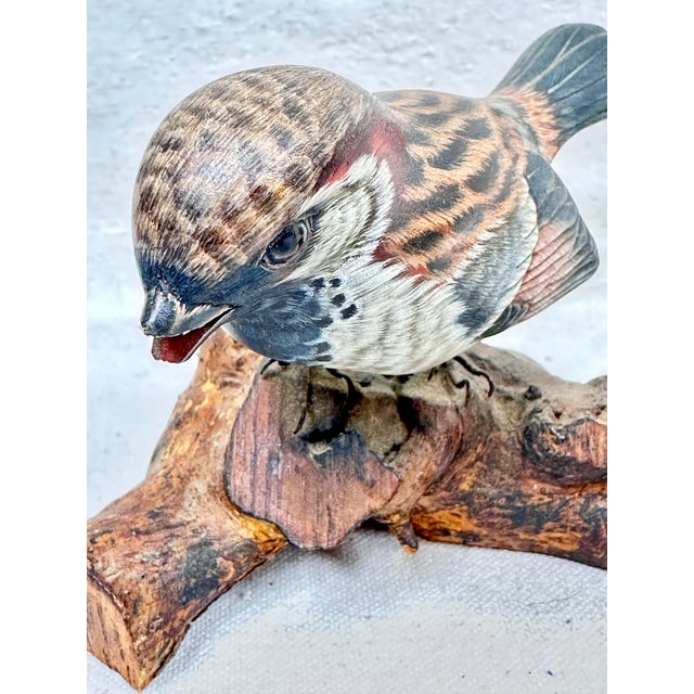 Rustic Vintage Hand-Carved & Painted Wooden House Sparrow Bird Sculpture on Driftwood Base For Sale - Image 3 of 12